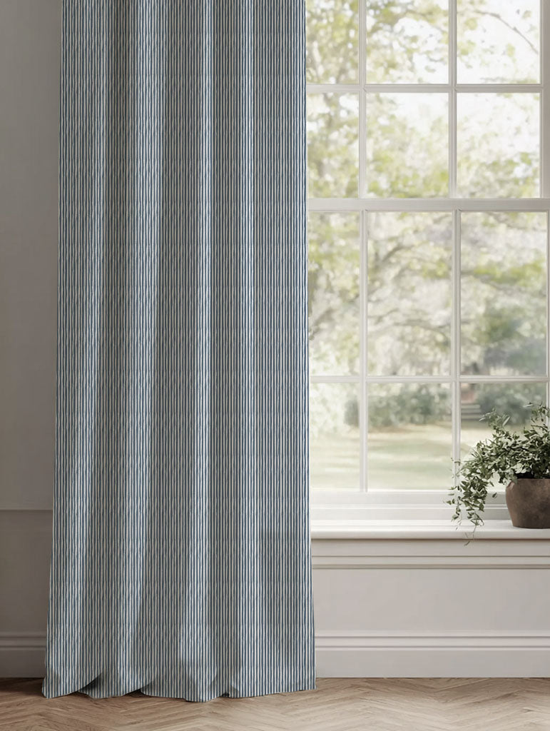 Blue Striped Linen Curtains - Maisa Ink - White base fabric.