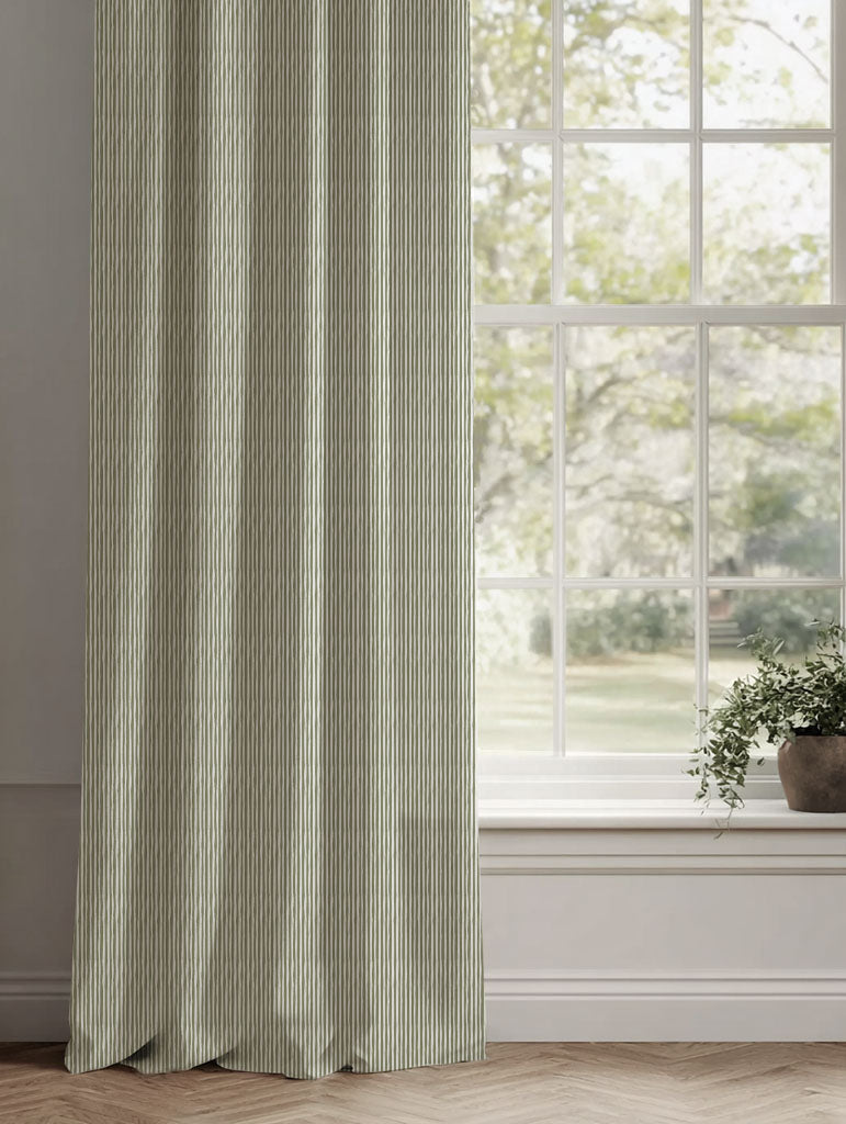 Green Striped Linen Curtains - Maisa Moss - White base fabric.