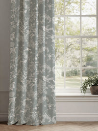 Grey Floral Linen Curtains - Marianne Greige  - White base fabric.