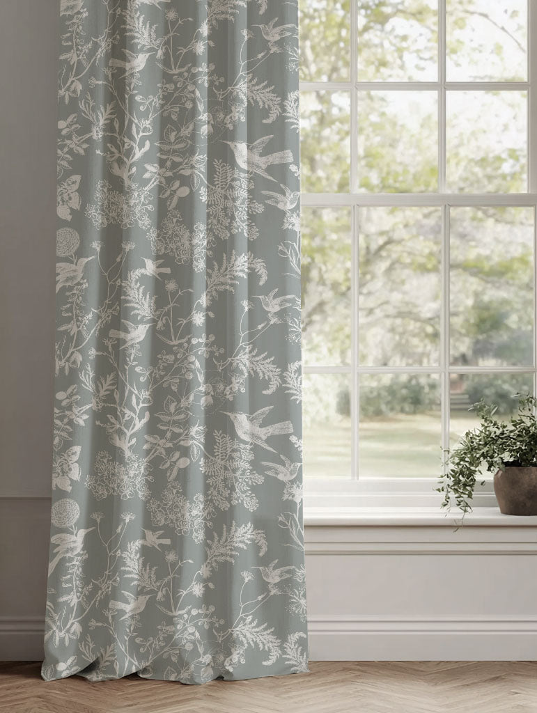 Grey Floral Linen Curtains - Marianne Greige  - White base fabric.