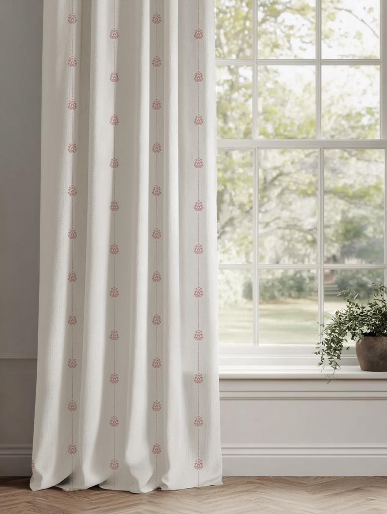 Pink Patterned Stripe Linen Curtain - Maybel Dusty Pink - WHT - White base fabric.