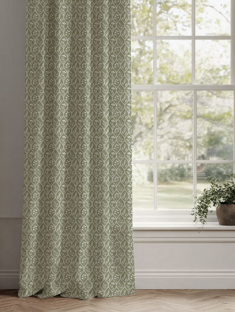 Green Floral Linen Curtains - Miny Moss-WHT - White base fabric.