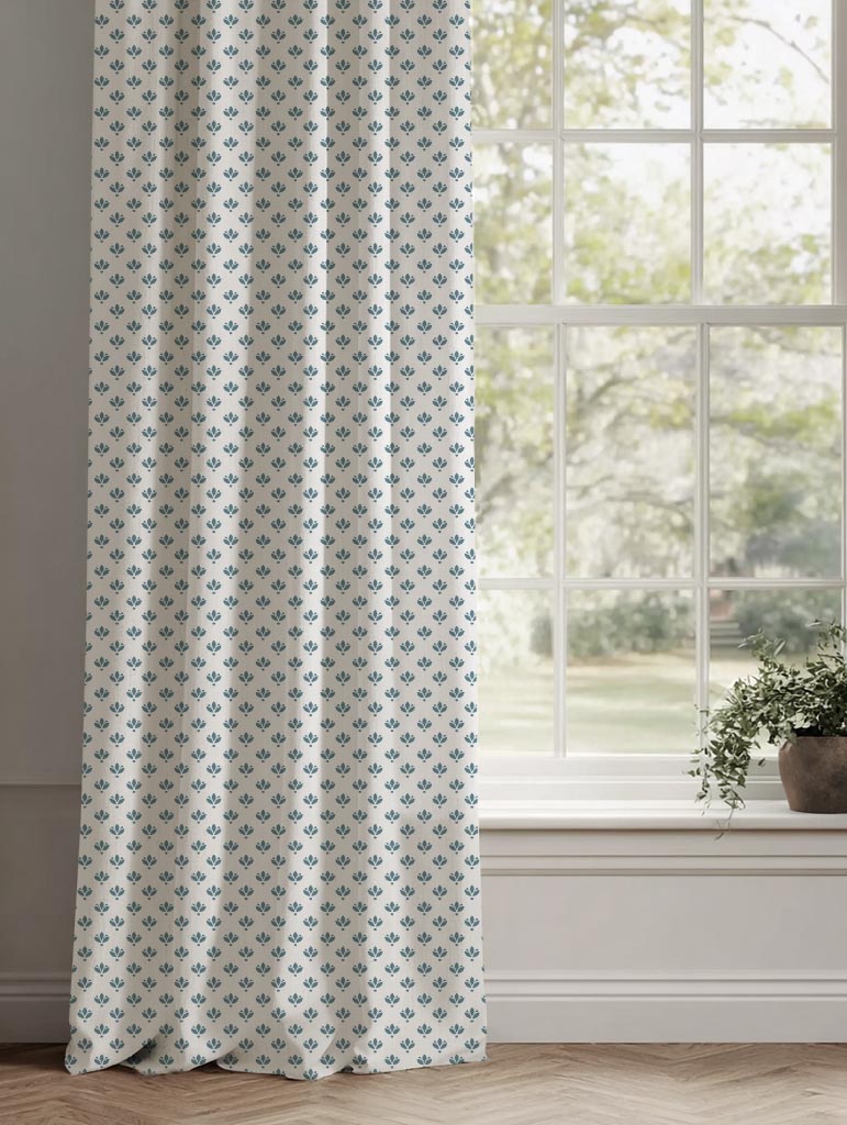 Blue Botanical Linen Curtain - Olgie Paris Blue-WHT - White base fabric.