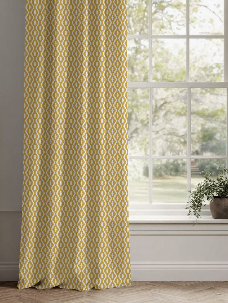 Yellow Patterned Linen Curtains - Oona Dijon - White base fabric.