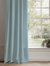 Blue Patterned Linen Curtains - Oona Marine - White base fabric.