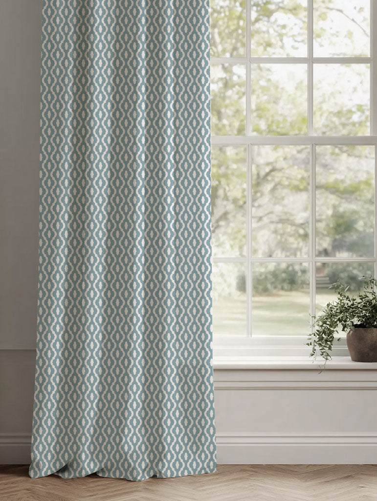 Blue Patterned Linen Curtains - Oona Shadow Blue - White base fabric.