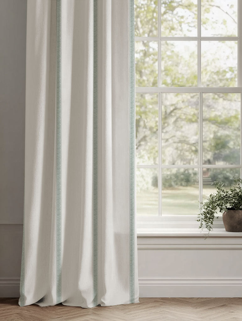 Green Striped Linen Curtains - Rune Meadow - White base fabric.