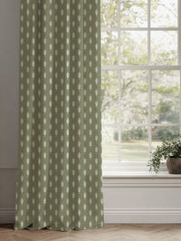 Green Botanical Linen Curtains - Sariann-INV Moss - White base fabric.