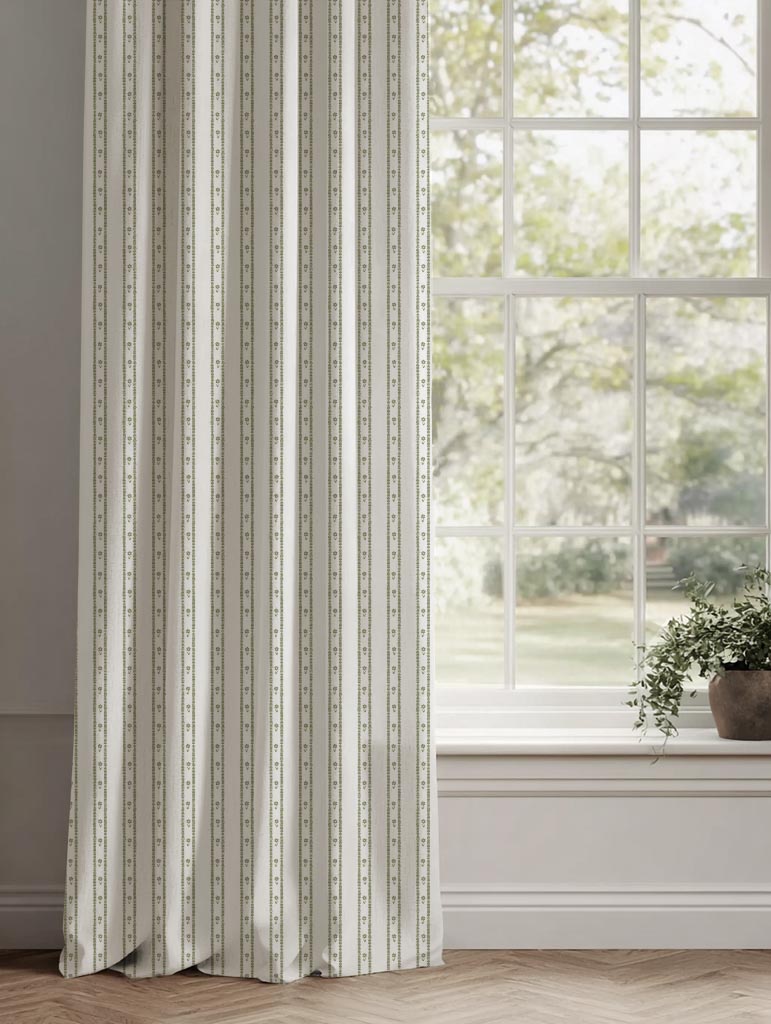 Green Floral Stripe Linen Curtain - Silvian Moss-WHT - White base fabric.