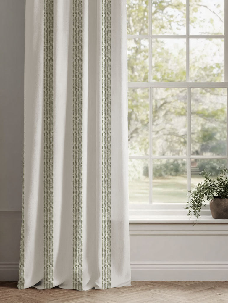 Green Striped Linen Curtains - Sumi Moss-WHT - White base fabric.