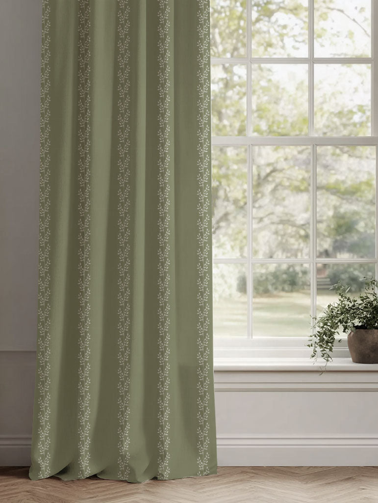 Shena Moss INV Curtain - White fabric with botanical Green inverted  print
