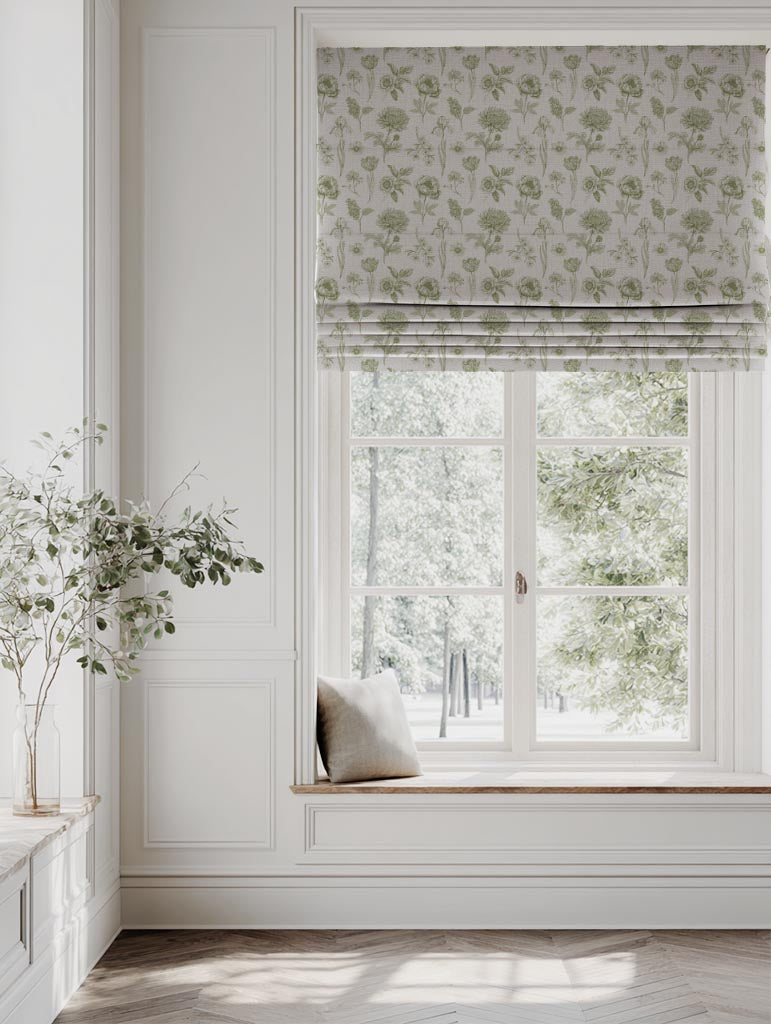 Green Floral Linen Roman Blind - Cirian Khaki - Natural base fabric.