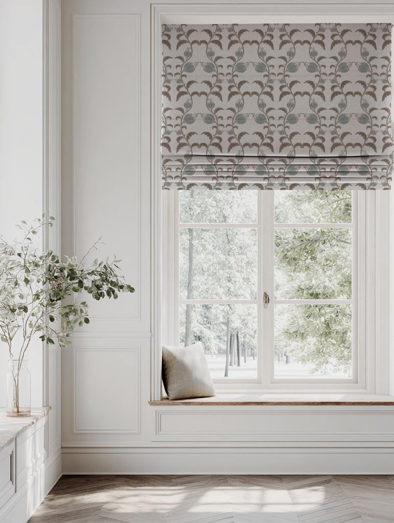 Green and Brown Patterned Linen Roman Blind - Dana Sage Pebble  - Natural base fabric.