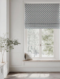 Blue Floral Linen Roman Blind - Doris Blue Stone - Natural base fabric.