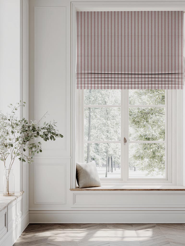 Pink Patterned Linen Roman Blinds - Fionna Dusty Pink - Natural base fabric.