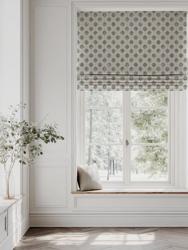 Green Abstract Floral Linen Roman Blind - Lany Khaki - Natural base fabric.