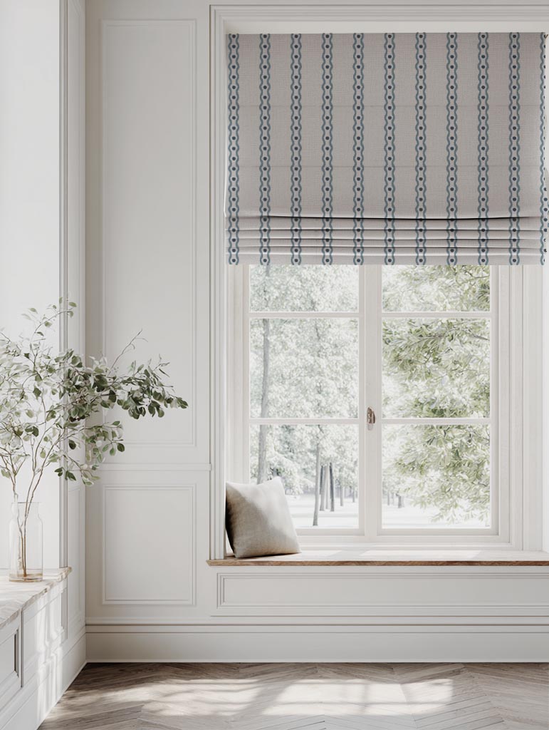 Blue Abstract Striped Linen Roman Blind - Margarie Blue - Natural base fabric.