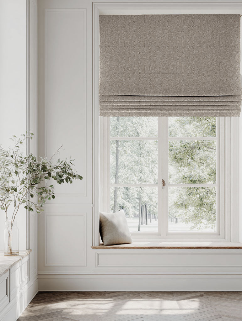 Brown Botanical Linen Roman blind - Alma Sand - Natural base fabric.