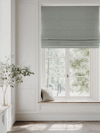 Green Patterned Linen Roman blind - Arina Jade Mist - Natural base fabric.