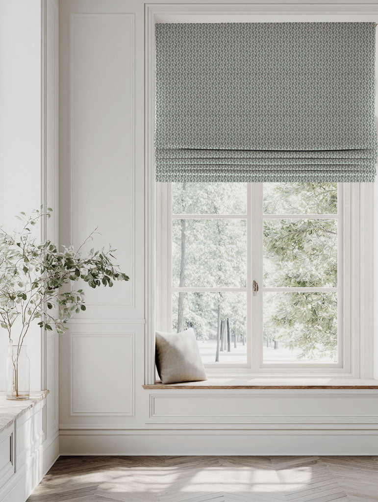Green Patterned Linen Roman blind - Arina Jade Mist - Natural base fabric.