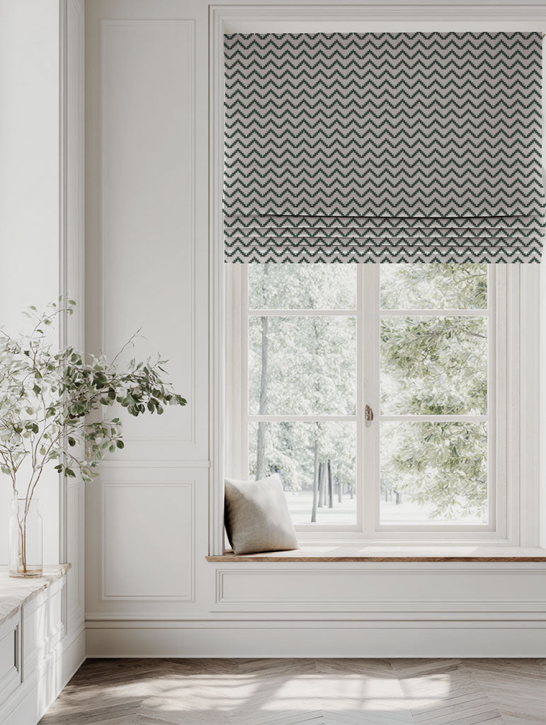Green Patterned Linen Roman blind - Azig Dark Pine - Natural base fabric.