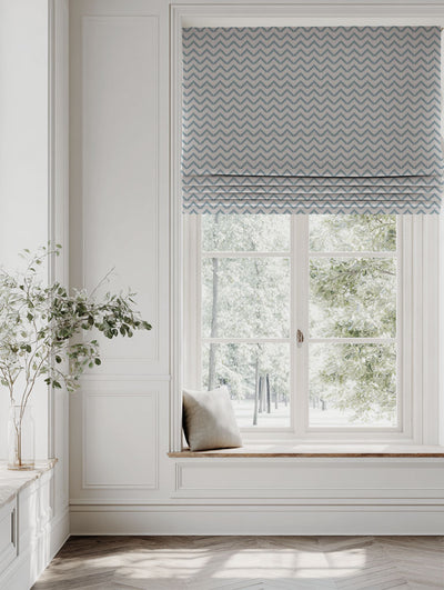 Blue Patterned Linen Roman blind - Azig Sky - Natural base fabric.