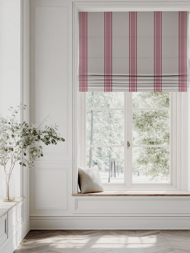 Red Striped Linen Roman blind - Bella Cherry - Natural base fabric.