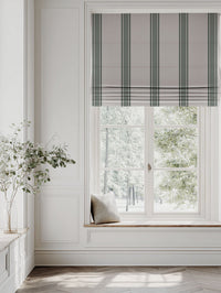 Green Striped Linen Roman blind - Bella Dark Pine - Natural base fabric.