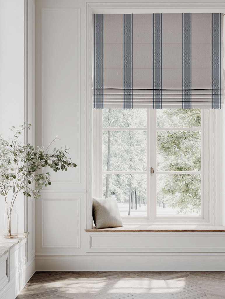 Blue Striped Linen Roman blind - Bella Denim - Natural base fabric.