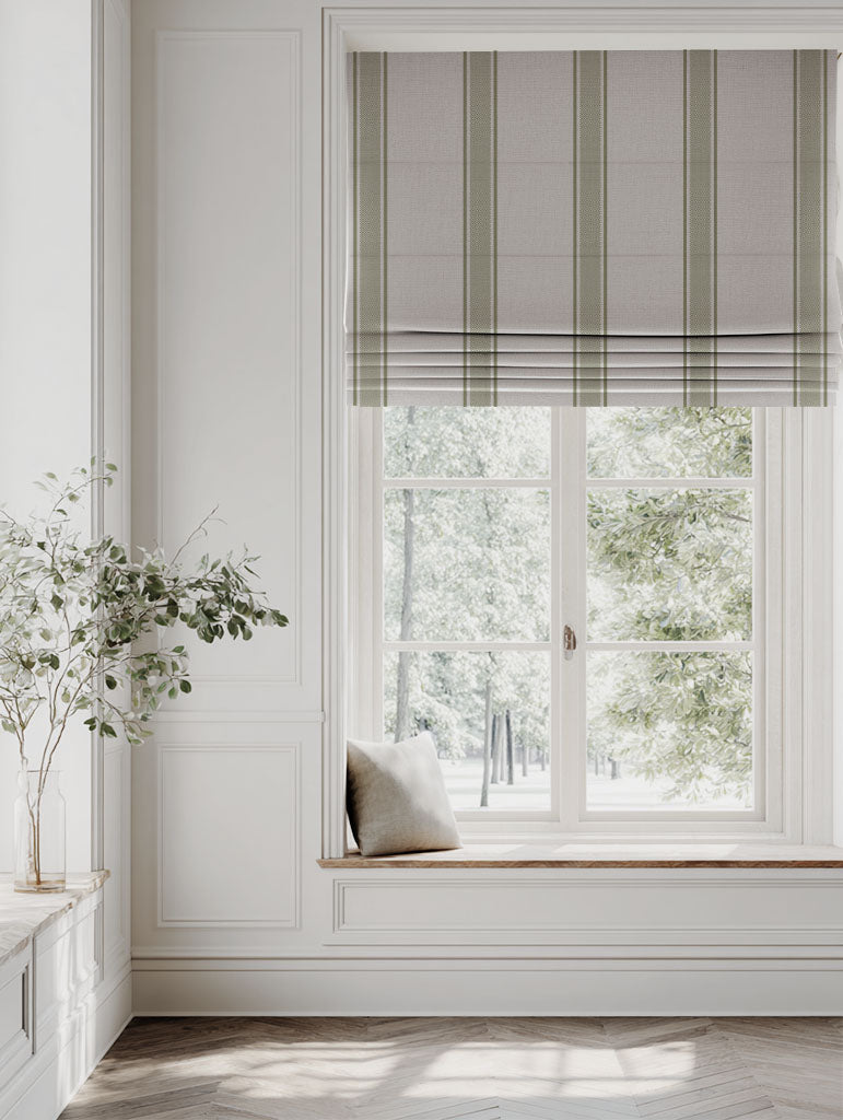 Green Striped Linen Roman blind - Bella Olive - Natural base fabric.