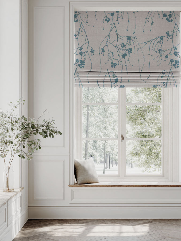 Blue Patterned Roman blind - Berry Marine - Natural base fabric.
