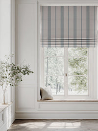 Blue Striped Linen Roman blind - Brea Blue Stone - Natural base fabric.