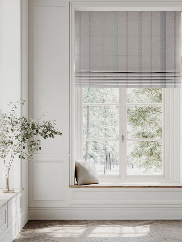 Blue Striped Linen Roman blind - Brea Blue Stone - Natural base fabric.