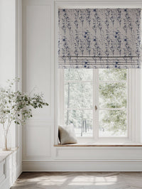 Blue Botanical Linen Roman blind - Breeze Deep Blue - Natural base fabric.
