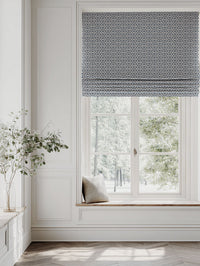 Blue Patterned Linen Roman blind - Brita Denim - Natural base fabric.