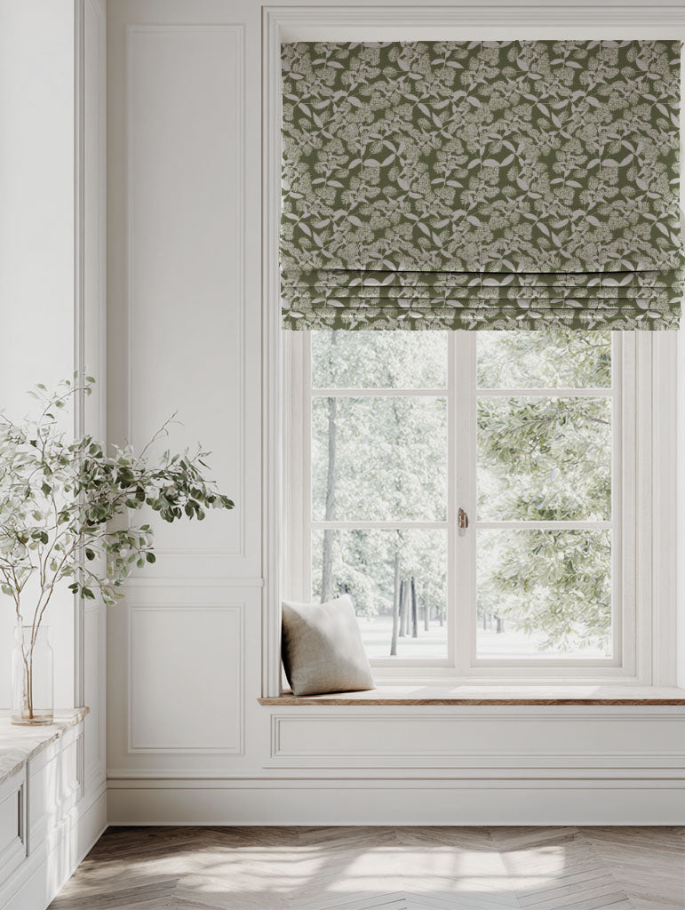 Green Floral Linen Roman blind - Dagmar-INV Khaki - Natural base fabric.