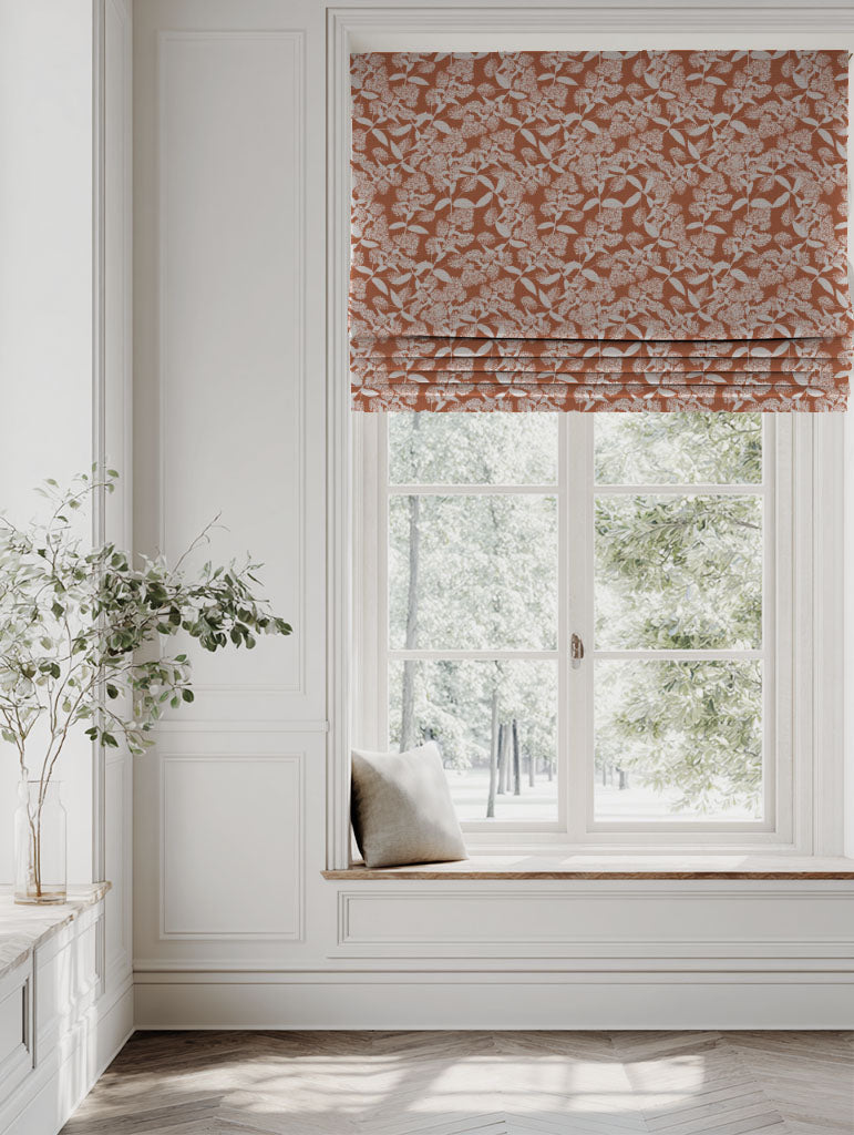 Orange Floral Linen Roman blind - Dagmar-INV Pumpkin - Natural base fabric.