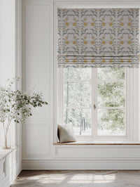 Yellow Floral Linen Roman blind - Dana Mustard - Natural base fabric.