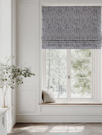 Blue Patterned Linen Roman blind - Dora Deep Blue - Natural base fabric.