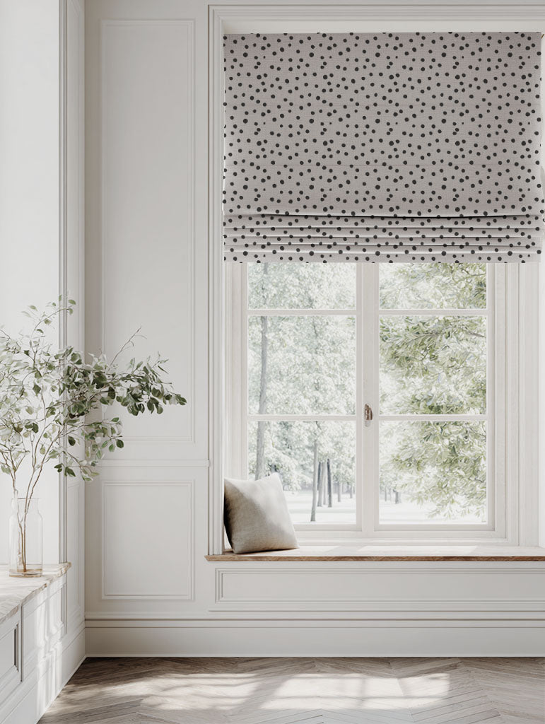 Black Kids Spotted Linen Roman blind - Dottie Noir - Natural base fabric.
