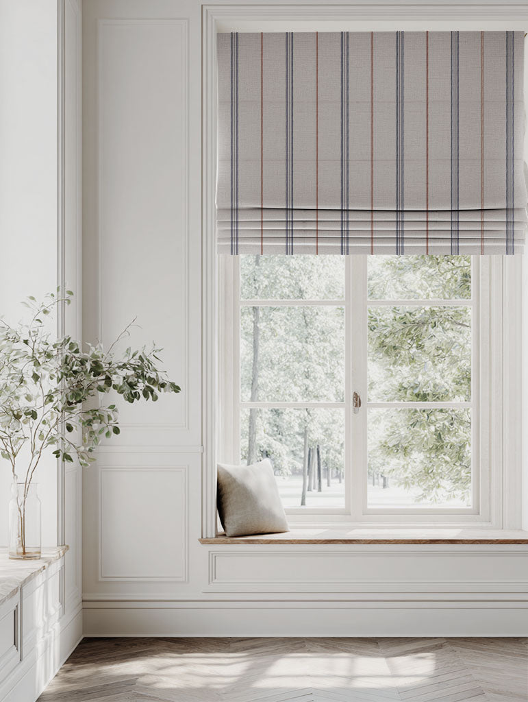 Blue / Orange Striped Linen Roman blind - Elise Blue Terracotta - Natural base fabric.