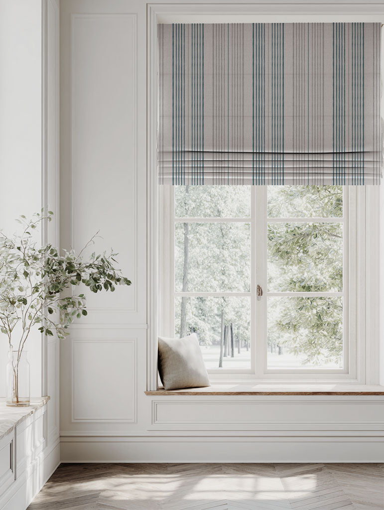 Blue Striped Linen Roman blind - Else Blue Stone - Natural base fabric.