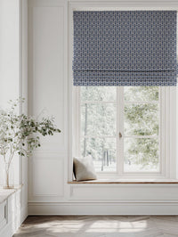 Blue Patterned Linen Roman blind - Elva Night Blue - Natural base fabric.