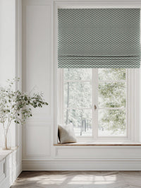 Green Patterned Linen Roman blind - Erle Jade Mist - Natural base fabric.