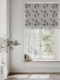 Blue Patterned Linen Roman blind - Feathers Denim - Natural base fabric.