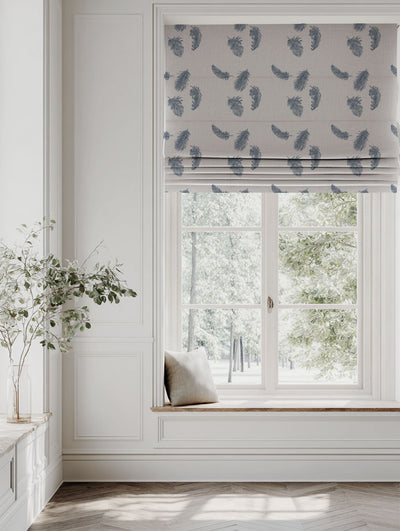Blue Patterned Linen Roman blind - Feathers Denim - Natural base fabric.