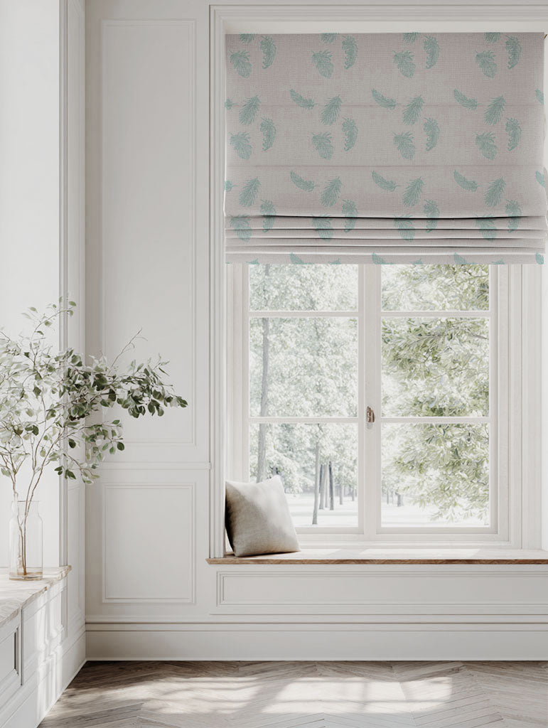 Blue Patterned Roman blind - Feathers Duckegg - Natural base fabric.