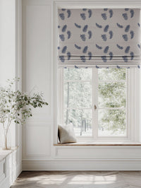 Blue Patterned Linen Roman blind - Feathers Night Blue - Natural base fabric.