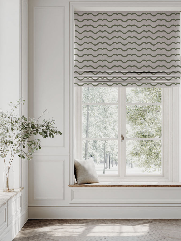 Green Patterned Linen Roman blind - Fiorella Moss - Natural base fabric.
