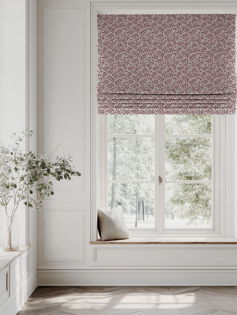 Red / Pink Botanical Linen Roman blind - Fita Wine Pink - Natural base fabric.